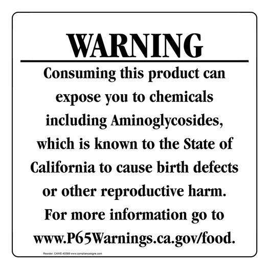 California Prop 65 Food Warning Sign CAWE-40589