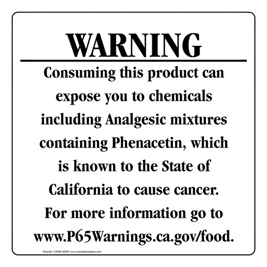 California Prop 65 Food Warning Sign CAWE-40597