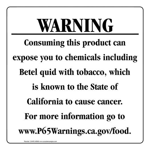 California Prop 65 Food Warning Sign CAWE-40646