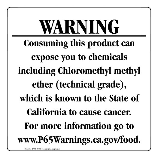 California Prop 65 Food Warning Sign CAWE-40706