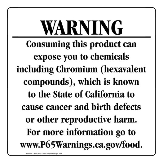 California Prop 65 Food Warning Sign CAWE-40712