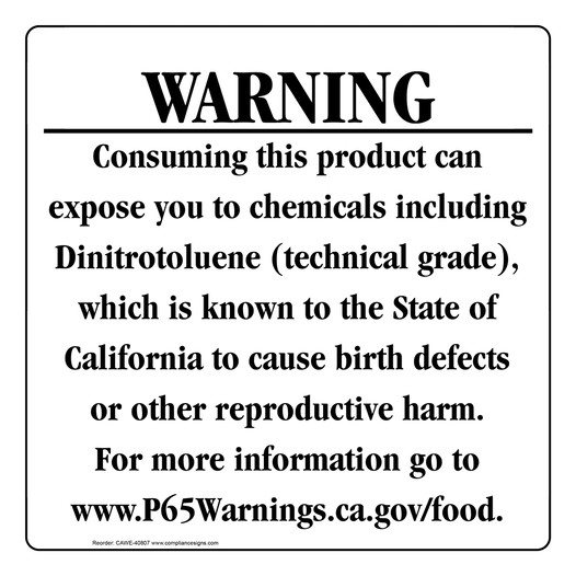 California Prop 65 Food Warning Sign CAWE-40807