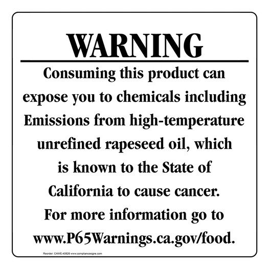 California Prop 65 Food Warning Sign CAWE-40826