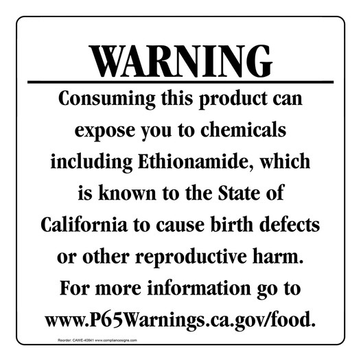 California Prop 65 Food Warning Sign CAWE-40841