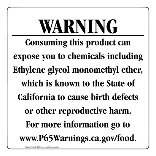 California Prop 65 Food Warning Sign CAWE-40854
