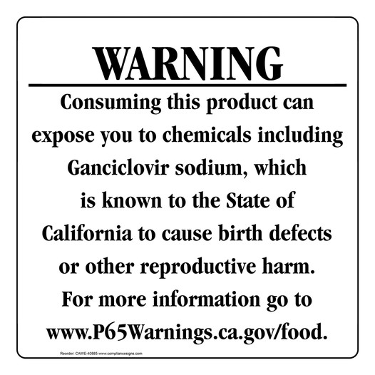 California Prop 65 Food Warning Sign CAWE-40885