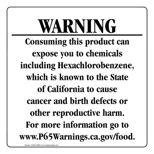 California Prop 65 Food Warning Sign CAWE-40906