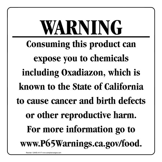 California Prop 65 Food Warning Sign CAWE-41117