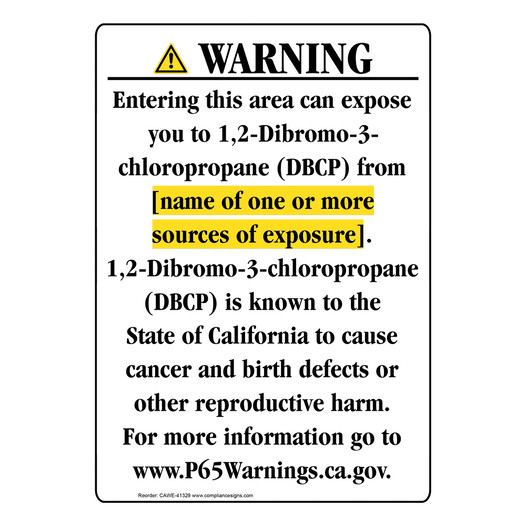 Portrait California Prop 65 Chemical Exposure Area Warning Sign CAWE-41329