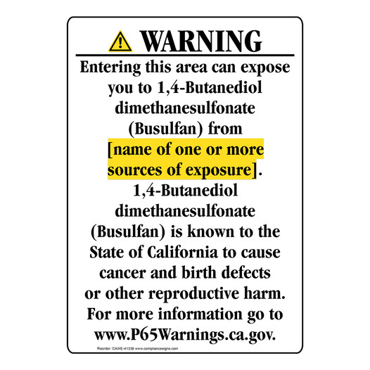 Portrait California Prop 65 Chemical Exposure Area Warning Sign CAWE-41338