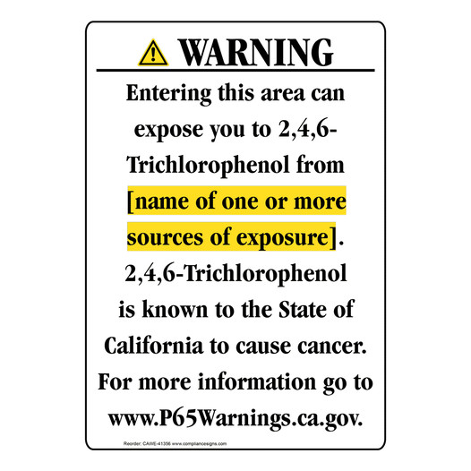 Portrait California Prop 65 Chemical Exposure Area Warning Sign CAWE-41356