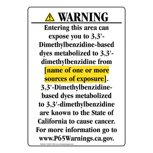 Portrait California Prop 65 Chemical Exposure Area Warning Sign CAWE-41392