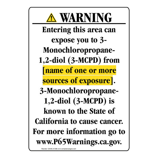 Portrait California Prop 65 Chemical Exposure Area Warning Sign CAWE-41398