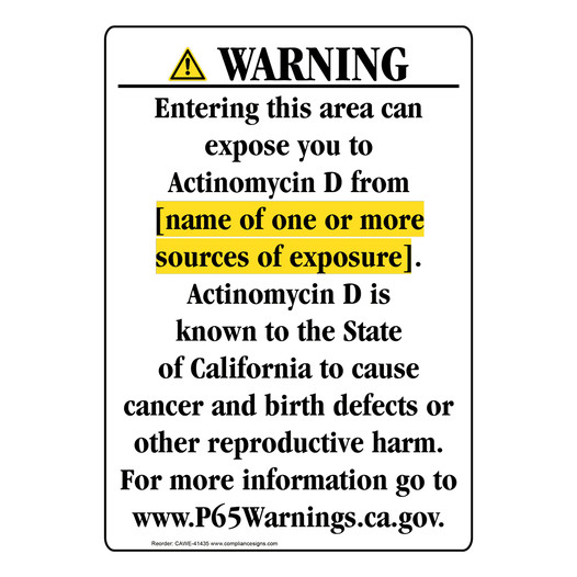 Portrait California Prop 65 Chemical Exposure Area Warning Sign CAWE-41435