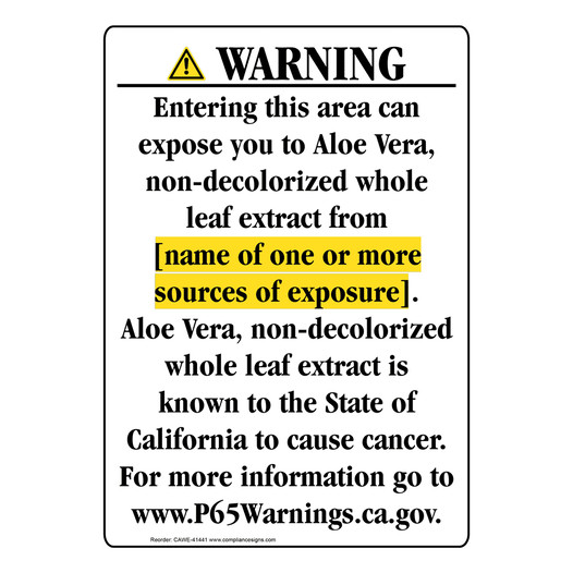 Portrait California Prop 65 Chemical Exposure Area Warning Sign CAWE-41441