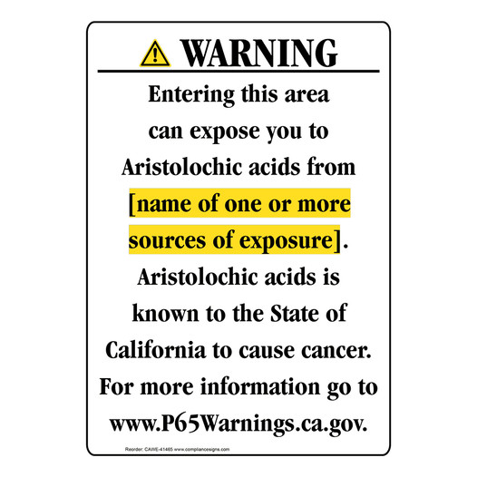Portrait California Prop 65 Chemical Exposure Area Warning Sign CAWE-41465