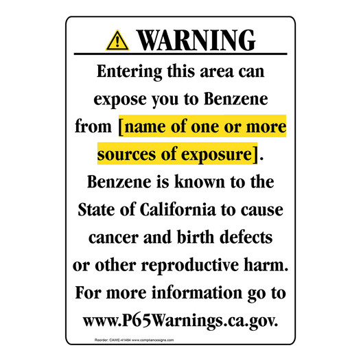 Portrait California Prop 65 Chemical Exposure Area Warning Sign CAWE-41484