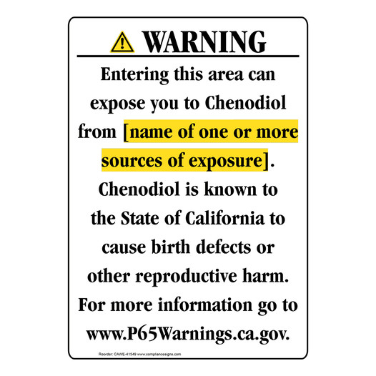 Portrait California Prop 65 Chemical Exposure Area Warning Sign CAWE-41549