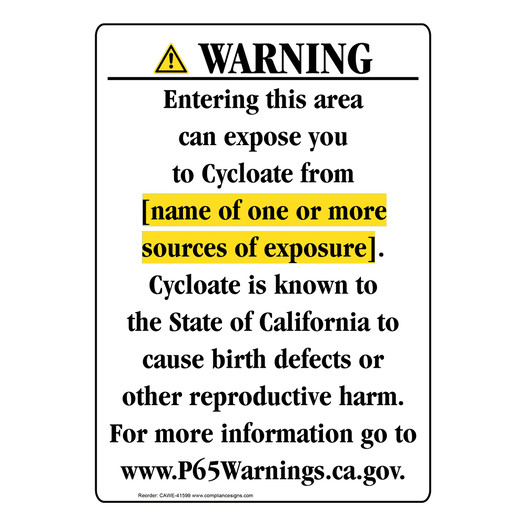 Portrait California Prop 65 Chemical Exposure Area Warning Sign CAWE-41599