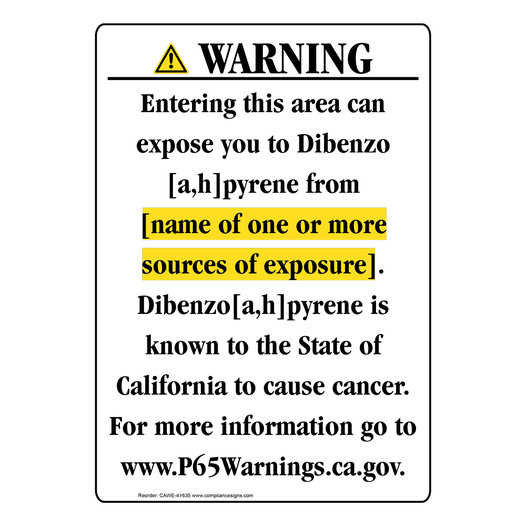 Portrait California Prop 65 Chemical Exposure Area Warning Sign CAWE-41635