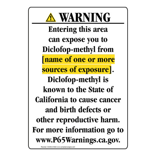 Portrait California Prop 65 Chemical Exposure Area Warning Sign CAWE-41644