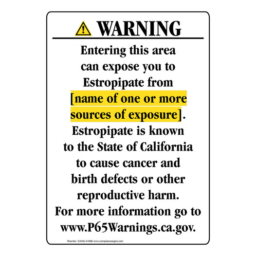 Portrait California Prop 65 Chemical Exposure Area Warning Sign CAWE-41696