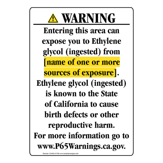 Portrait California Prop 65 Chemical Exposure Area Warning Sign CAWE-41709