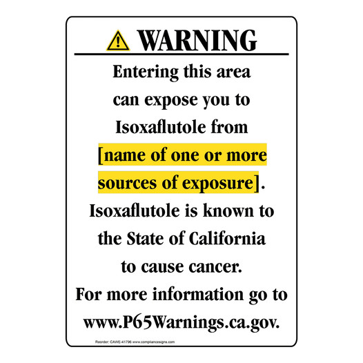 Portrait California Prop 65 Chemical Exposure Area Warning Sign CAWE-41796