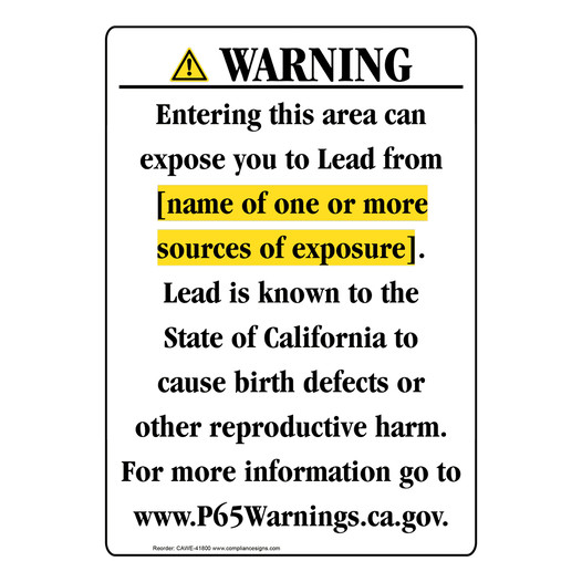 Portrait California Prop 65 Chemical Exposure Area Warning Sign CAWE-41800