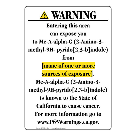 Portrait California Prop 65 Chemical Exposure Area Warning Sign CAWE-41822