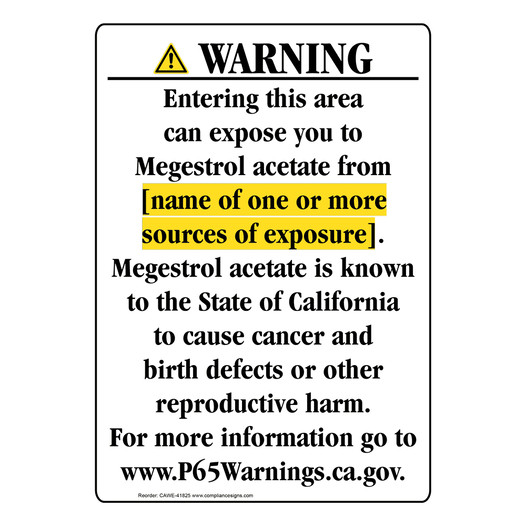Portrait California Prop 65 Chemical Exposure Area Warning Sign CAWE-41825