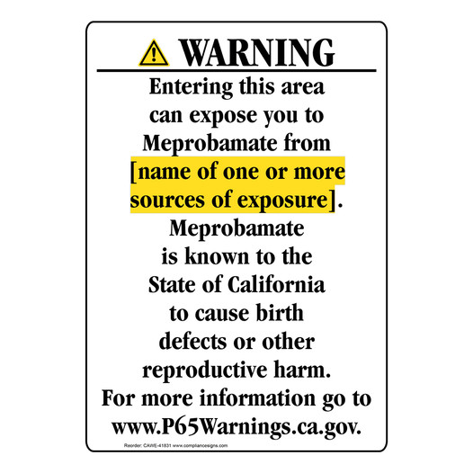 Portrait California Prop 65 Chemical Exposure Area Warning Sign CAWE-41831