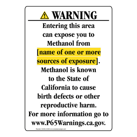 Portrait California Prop 65 Chemical Exposure Area Warning Sign CAWE-41839