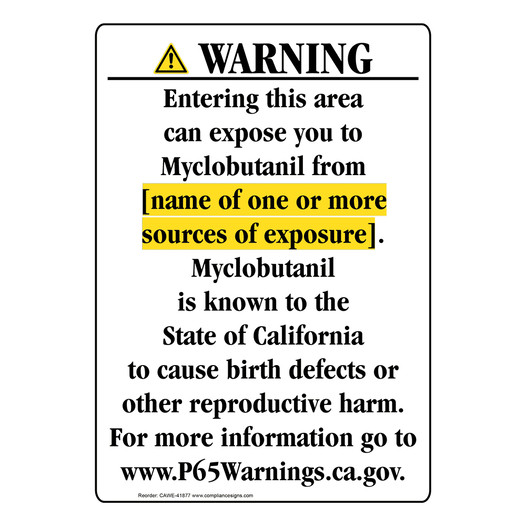 Portrait California Prop 65 Chemical Exposure Area Warning Sign CAWE-41877