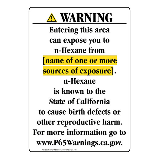 Portrait California Prop 65 Chemical Exposure Area Warning Sign CAWE-41892