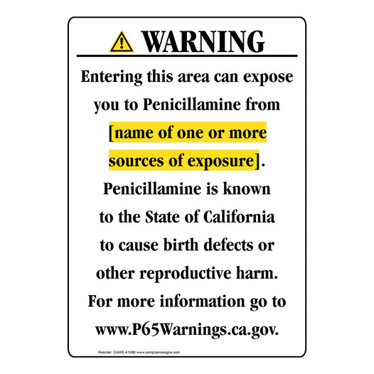 Portrait California Prop 65 Chemical Exposure Area Warning Sign CAWE-41998