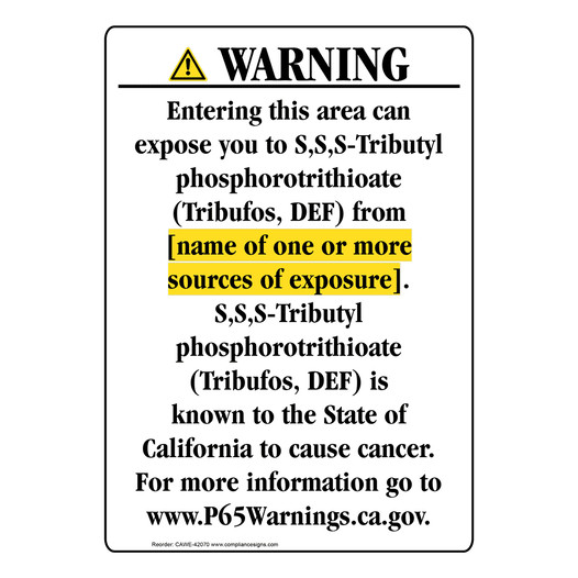 Portrait California Prop 65 Chemical Exposure Area Warning Sign CAWE-42070