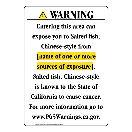 Portrait California Prop 65 Chemical Exposure Area Warning Sign CAWE-42072