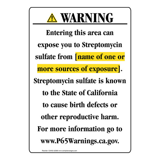 Portrait California Prop 65 Chemical Exposure Area Warning Sign CAWE-42088