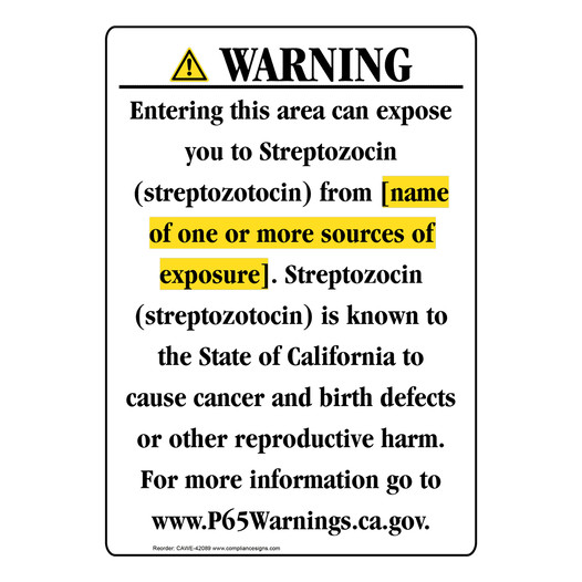 Portrait California Prop 65 Chemical Exposure Area Warning Sign CAWE-42089