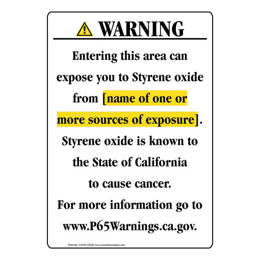 Portrait California Prop 65 Chemical Exposure Area Warning Sign CAWE-42092