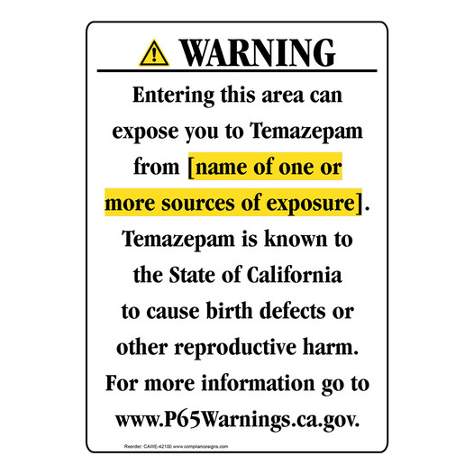 Portrait California Prop 65 Chemical Exposure Area Warning Sign CAWE-42100
