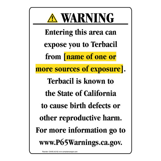 Portrait California Prop 65 Chemical Exposure Area Warning Sign CAWE-42102
