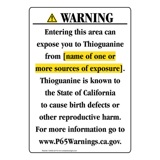 Portrait California Prop 65 Chemical Exposure Area Warning Sign CAWE-42119