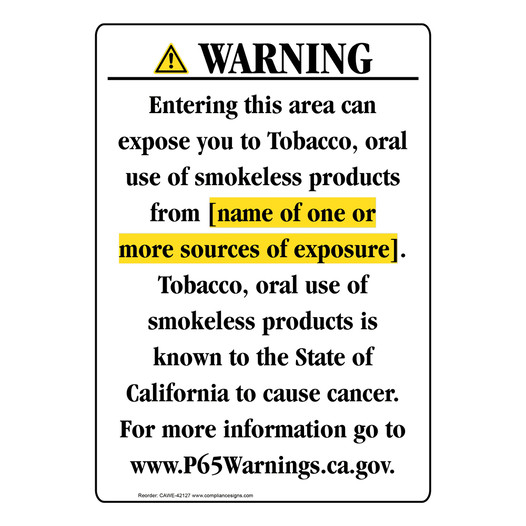 Portrait California Prop 65 Chemical Exposure Area Warning Sign CAWE-42127