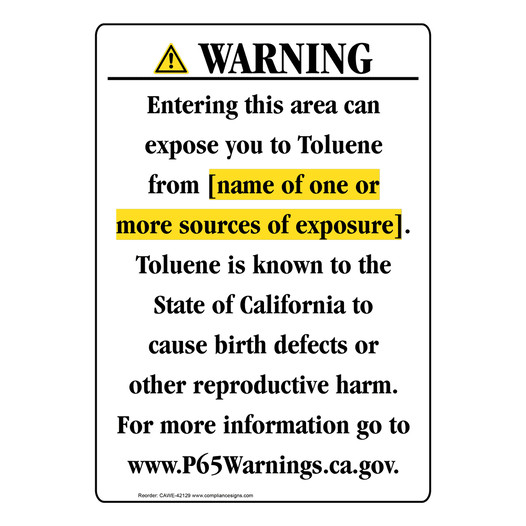 Portrait California Prop 65 Chemical Exposure Area Warning Sign CAWE-42129