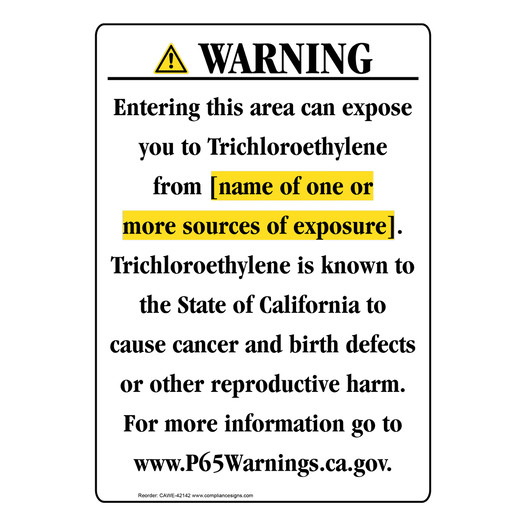 Portrait California Prop 65 Chemical Exposure Area Warning Sign CAWE-42142