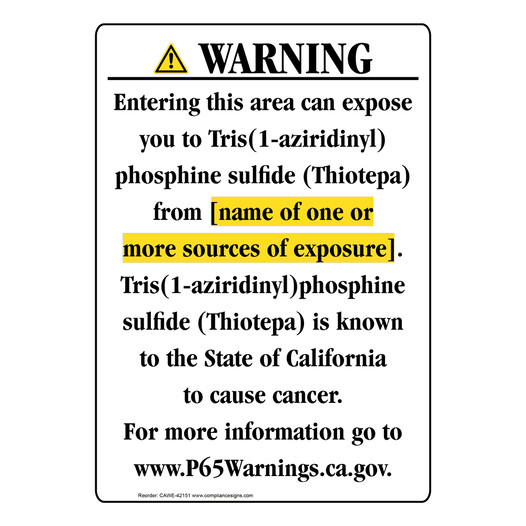 Portrait California Prop 65 Chemical Exposure Area Warning Sign CAWE-42151