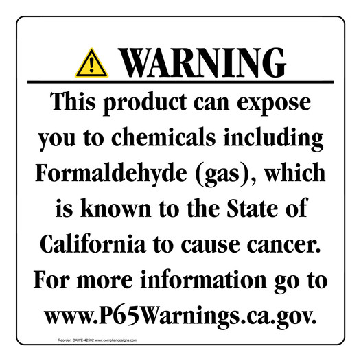 California Prop 65 Consumer Product Warning Sign: Formaldehyde (gas