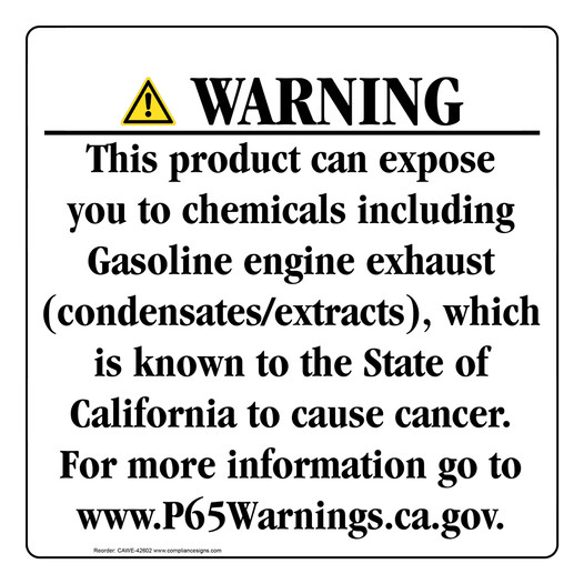 California Prop 65 Consumer Product Warning Sign: Gasoline engine exhaust